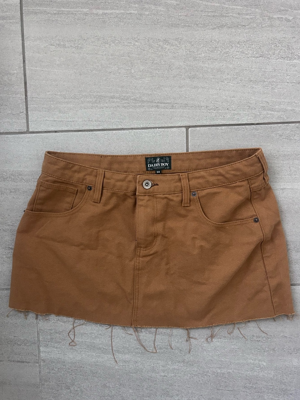 DAIRY BOY Tan Distressed Cotton Mini Skirt